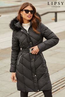 Lipsy Black Longline Belted Fur Hood Puffer Padded Coat (K42755) | Kč2,750