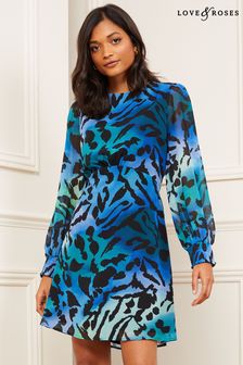 Blau mit Leopardenmuster - Love & Roses Printed Chiffon Empire Mini Dress (K42785) | 61 €