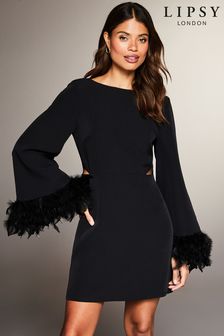 Lipsy Black Long Sleeve Feather Cuff Drape Backless Mini Dress (K42802) | €47