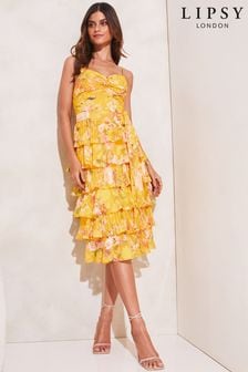 Lipsy Yellow Printed Twist Front Sleeveless Tiered Belted Midaxi Dress (K43054) | €48