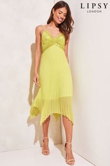 Lipsy Yellow Sequin Pleated Hanky Hem Midi Dress (K43069) | €54