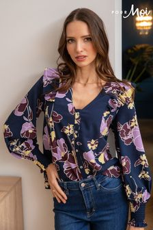 Pour Moi Navy Blue Floral Maggie Recycled Woven Button Through Frill Blouse (K43294) | €22