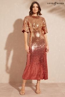 Love & Roses Pink and Gold Ombre Sequin Empire Midi Dress (K43340) | €122