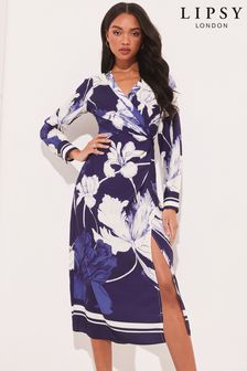 Lipsy Blue Floral Long Sleeve Wrap Shirt Dress (K43341) | INR 5,892