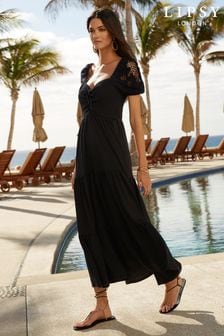 Черный - Трикотажное платье миди с пышными рукавами и вышивкой ришелье Lipsy (K43353) | €52