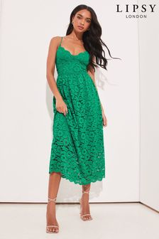 Lipsy Green Strappy Lace V Neck Scallop Hem Midi Dress (K43355) | $126