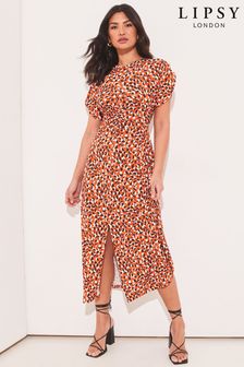 Lipsy Red Print Ruched Front Flutter Sleeve Midi Dress (K43357) | $71
