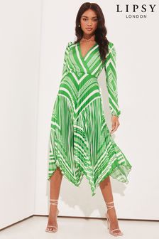 Lipsy Green Print Long Sleeve Pleated Wrap Midi Dress (K43361) | €45
