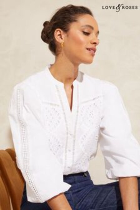 Love & Roses Ivory V Neck Broderie Balloon Sleeve Blouse (K43457) | OMR15