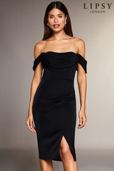 Lipsy Black Bardot Split Wrap Skirt Midi Dress (K43572) | INR 7,114