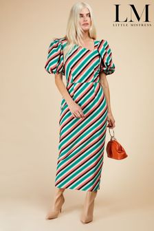 Little Mistress Green Multi Stripe Asymmetric Neck Midi Bodycon Dress (K43723) | 56 €