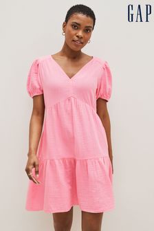 Gap Pink Crinkle Gauze Puff Sleeve Tiered Mini Dress (K43784) | €33