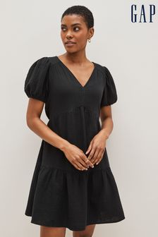 Gap Black Crinkle Gauze Puff Sleeve Tiered Mini Dress (K43786) | €33