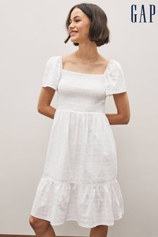 Gap White Smocked Squareneck Short Sleeve Midi Dress (K43789) | €31