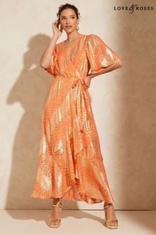 Love & Roses Orange Metallic Flutter Sleeve Wrap Tiered Midi Dress (K43918) | €83