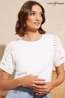 Love & Roses White Crochet Short Sleeve Crew Neck T-Shirt (K43923) | €14