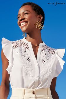 Love & Roses White Lace Insert Flutter Ruffle Sleeve Blouse (K44062) | $48