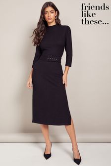 Friends Like These Black Long Sleeve High Neck Belted Midi Dress (K44152) | OMR20