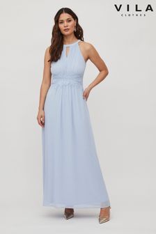 Vila Light Blue Halter Neck Tulle Maxi Dress (K44934) | $132
