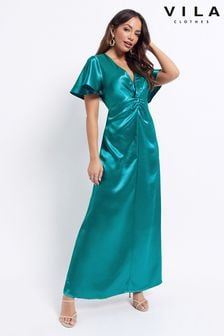VILA Green Satin V Neck Short Sleeve Maxi Dress (K44940) | €36