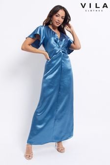 VILA Blue Satin V Neck Short Sleeve Maxi Dress (K44941) | €19