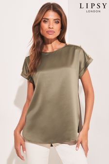 Lipsy Khaki Green Satin Front Jersey Back Longline T-Shirt (K45138) | €14