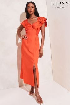 Lipsy Orange Frill Broderie Sleeve Midi Dress (K45307) | €29
