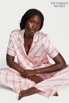 Victoria's Secret Purest Pink Diagonal Logo Short Sleeve Satin Long Pyjamas (K45587) | €79