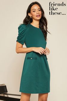 Friends Like These Green Short Puff Sleeve Round Neck Shift Dress (K45768) | €40