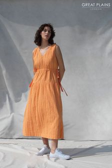 Great Plains Orange Summer Embroidery V Neck Dress (K45846) | LEI 507