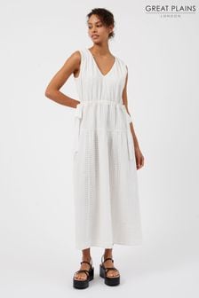 Great Plains White Summer Embroidery V Neck Dress (K45847) | $187