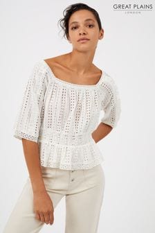 Great Plains White Summer Embroidery Square Neck Top (K45849) | kr1 010