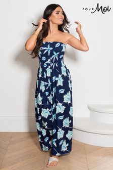 Granatowy z tropikalnym nadrukiem - Marszczona na gumce sukienka maxi Pour Moi z odpinanymi ramiączkami (K46058) | 132 zł