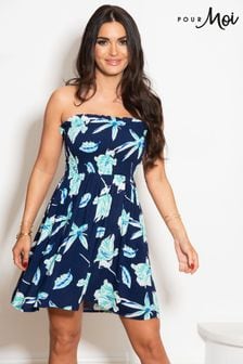 Pour Moi Navy Blue Troical Removable Straps Shirred Bodice Short Dress (K46064) | $59