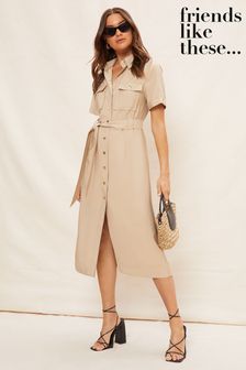 Friends Like These Camel Utility Short Sleeve Belted Pocket Button Up Midi Dress (K46170) | TRY 1.000
