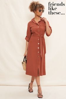 Friends Like These Utility Belted Long Sleeve Midi Shirt Dress