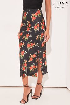Lipsy Black Floral Satin Midi Skirt With Split (K46206) | 101 zł