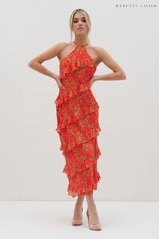 Pretty Lavish Pink Orange Floral Katy Ruffle Midaxi Dress (K46294) | €47