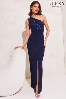 Lipsy Navy Blue Petite Sequin One Shoulder Split Maxi Dress (K46389) | €40