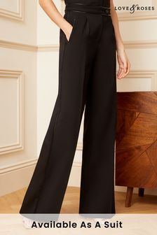 Love & Roses Black PU Trim High Waist Wide Leg Tailored Trousers (K46637) | AED222