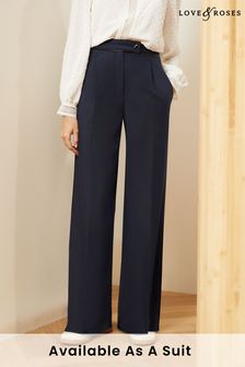 Love & Roses Navy Blue PU Trim High Waist Wide Leg Tailored Trousers (K46639) | ₪ 201