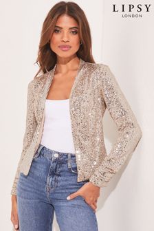Lipsy Gold Sequin Sequin Cropped Tailored Blazer (K46673) | kr612