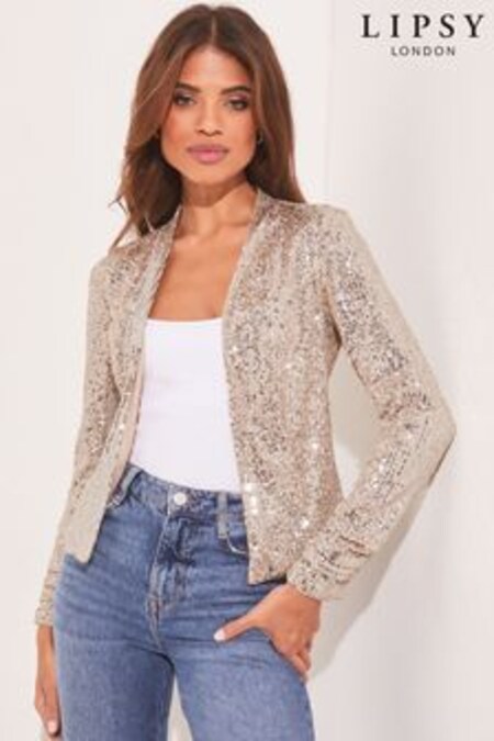 Lipsy Gold Sequin Sequin Cropped Tailored Blazer (K46673) | 76 €