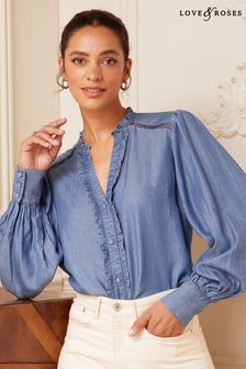 Blau - Love & Roses Langärmelige Bluse mit V-Ausschnitt und Rüschenbesatz (K46689) | 55 €
