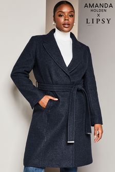 Lipsy Navy Blue Curve Relaxed Belted Boucle Smart Wrap Trench Coat (K46695) | SGD 157