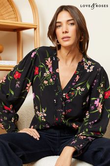 Schwarz-weißes Blumenmuster - Love & Roses Langärmelige Bluse mit V-Ausschnitt und Rüschenbesatz (K46698) | 56 €