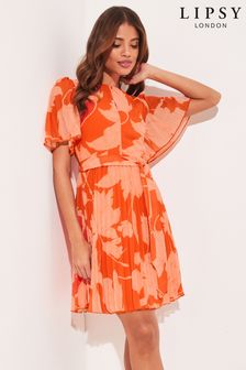 Lipsy Orange Floral Petite Flutter Sleeve Belted Pleated Shift Dress (K46951) | INR 5,892