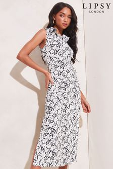 Bianco/nero con motivo floreale - Lipsy Sleeveless Midi Tie Waist Shirt Dress (K46956) | €57