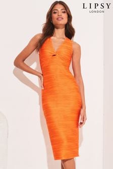 Lipsy Orange Twist Front V Neck Ripple Midi Dress (K46958) | €26