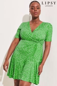 Zielony w kropki - Dżersejowa rozkloszowana sukienka mini Lipsy z węzełkiem z przodu (K46959) | 122 zł